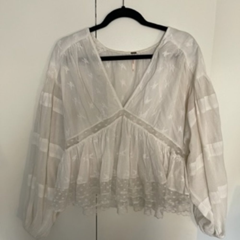 Free People" Nostalgic Feels" Ivory embroidered cotton top blouse medium